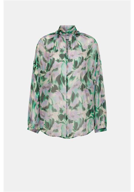 Lightweight long-sleeved voile blouse with abstract floral print. Mandarin collar and invisible front closure. Perfect for elegant and feminine looks. ATTIC AND BARN |  | MATBL002AT217669